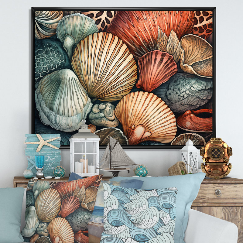 Seaside Seashells III sur toile, H 16 po x l 32 po x P 1 po, Cadre flottant noir