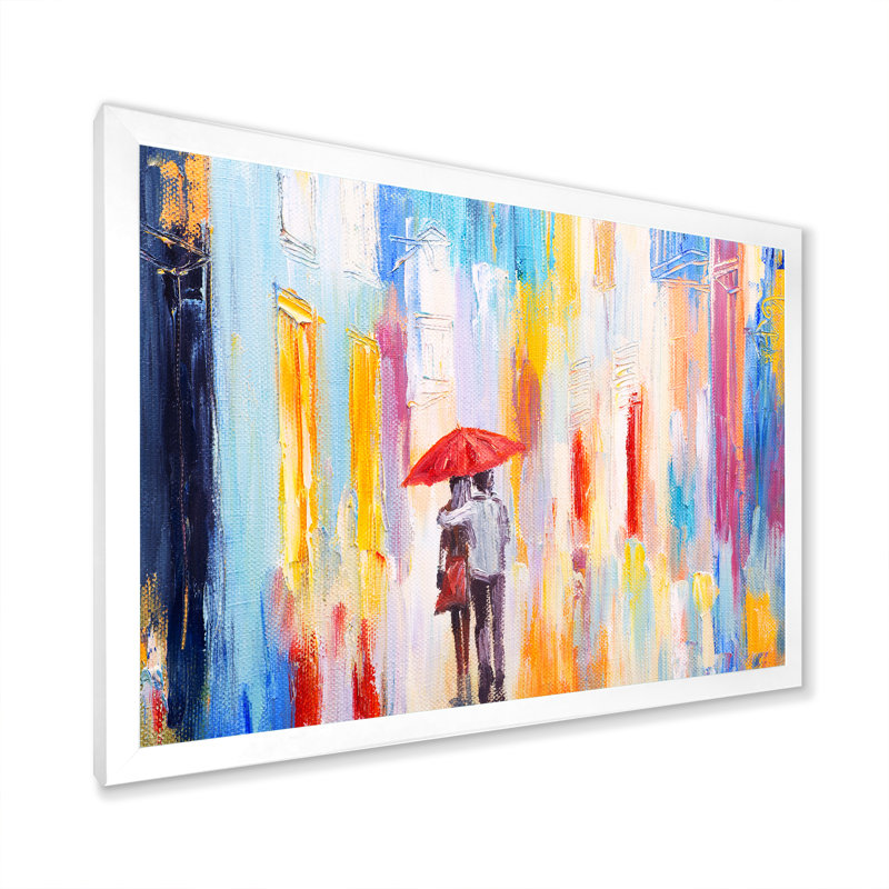 Couple amoureux sous la pluie - reproduction d'art sur toile, H 24 po x l 36 po x P 1 po, Toile blanche avec cadre photo