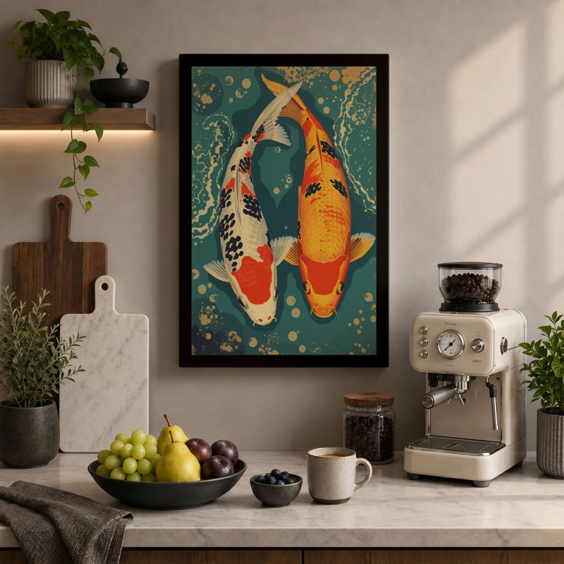 Koi in Motion Modern 1 Piece Wrapped Canvas Wall Art, 30x20 - 76.2 x 50.8 cm, Taupe Border