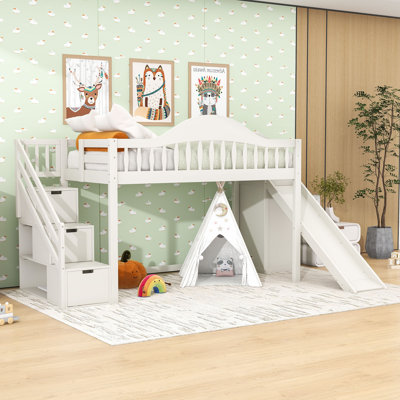 Lit mezzanine en bois avec glissade, garde-robe, escalier et garde-corps