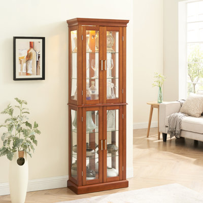 Vitrine transitionnelle avec extérieur en noyer et tablettes réglables - porte magnétique intérieure avec 4 portes à charnières et espace de rangement supplémentaire