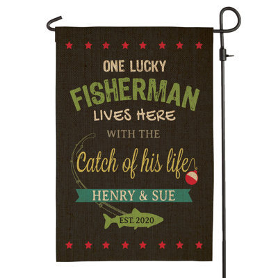 Personalized Fisherman Garden Flag – “A Fisherman Lives Here” Funny Outdoor Yard Flag, Custom Fishing Gift for Husband, Cabin Decor, Weather Resistant Polyester Flag 12x17.5