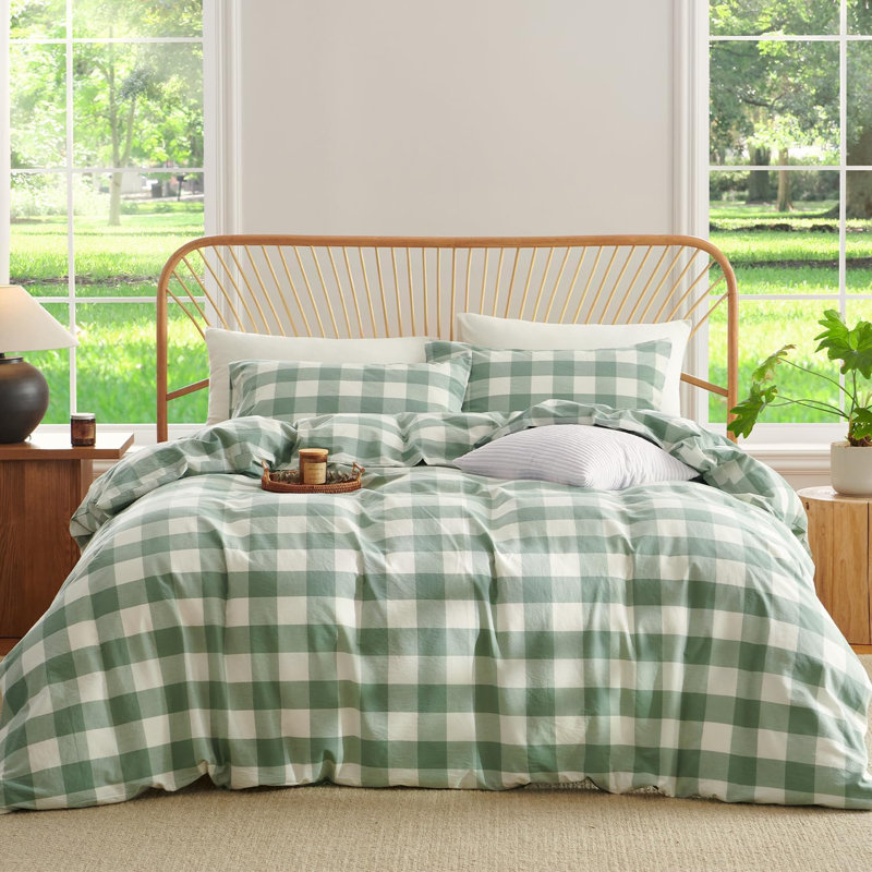Ensemble de literie à carreaux Gingham, Housse de couette pour très grand lit et 2 taies , Tissu écossais vert