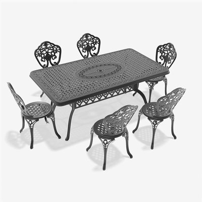 Ensemble de 7 pièces de mobilier de salle à manger en fonte d'aluminium toutes saisons avec cadre noir