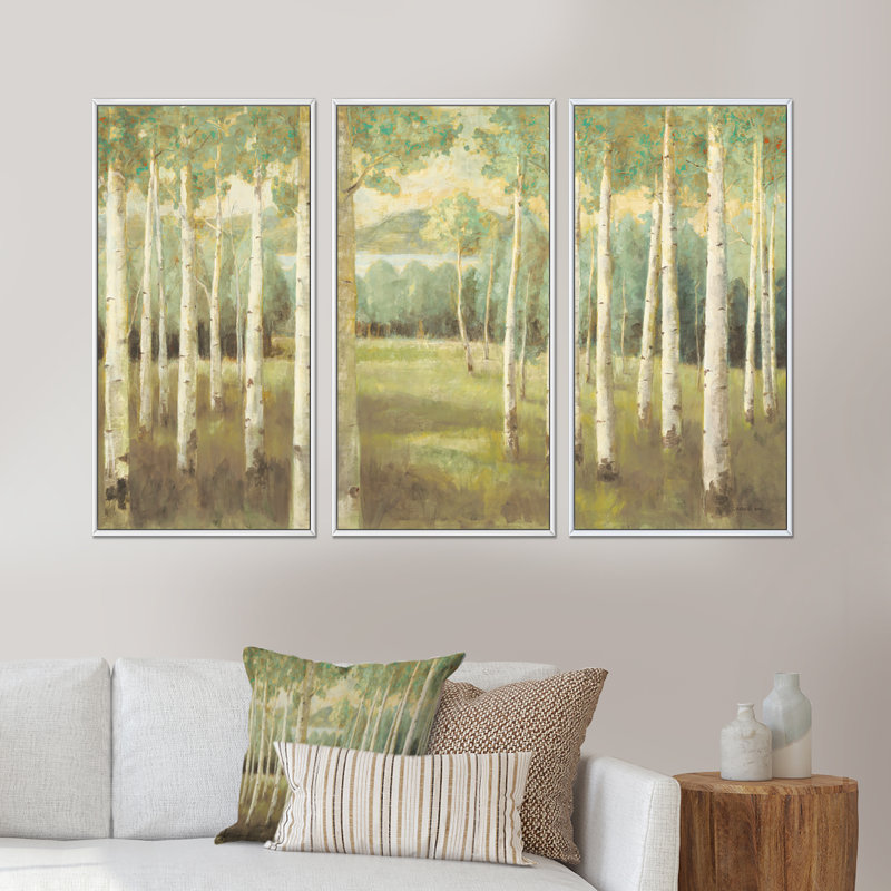«Aspens Neutral Forest - Farmhouse», ensemble d'art mural sur toile encadré, H 28 po x l 36 po, Cadre blanc