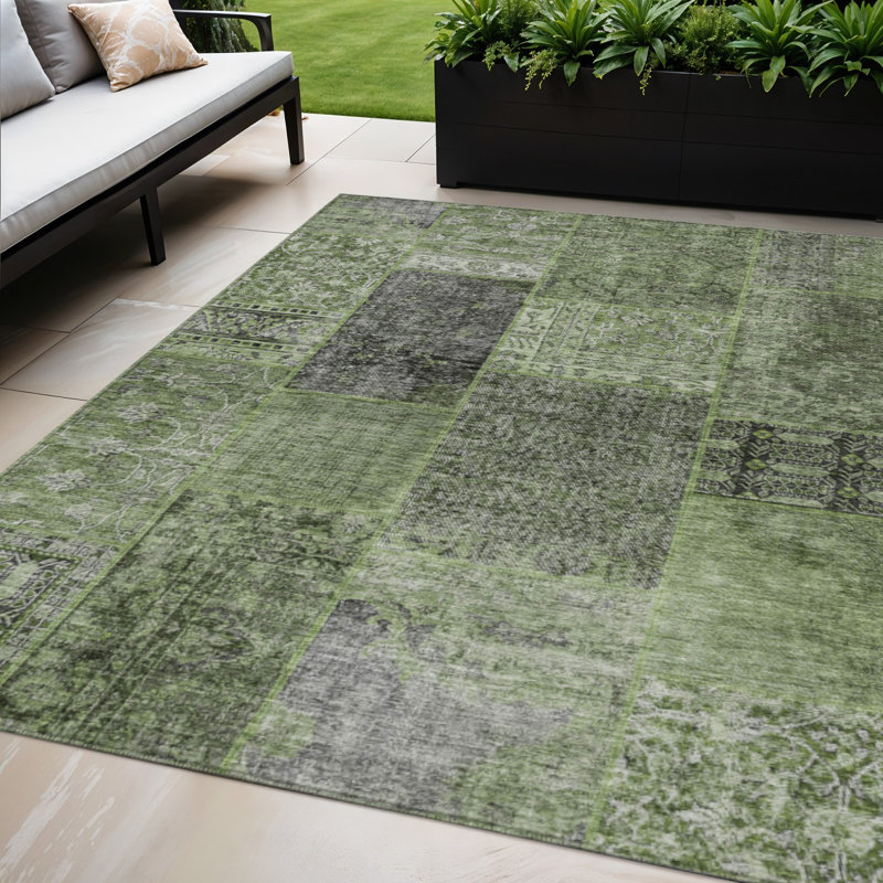 Tapis d'extérieur lavable en patchwork vert olive et gris 5 pi x 8 pi