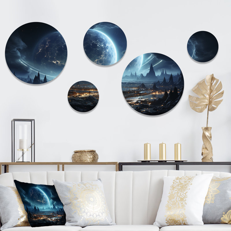 «White and Blue Cosmic Space Landscape I», ensemble d'art mural rond 5 pièces