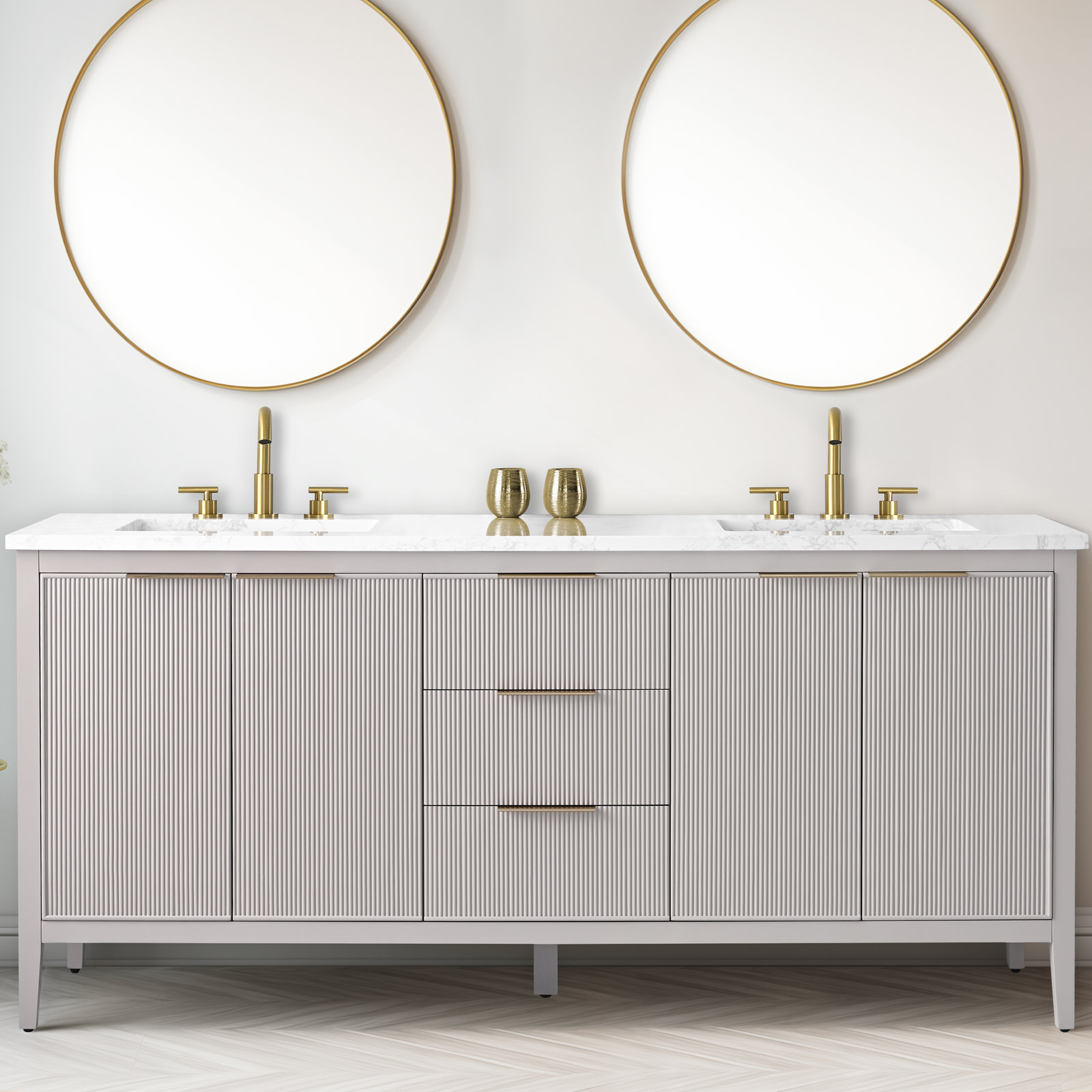Bilroy 72" Pine Double Bathroom Vanity, Taupe/Brushed Bronze