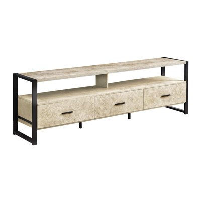 72 - Inch Media Entertainment Center, Contemporary Tv Stand With Cream Stone Laminate And Black Metal. 2 Open Shelves For Devices, 3 Storage Drawers On Metal Glides. Solid Construction, Quick