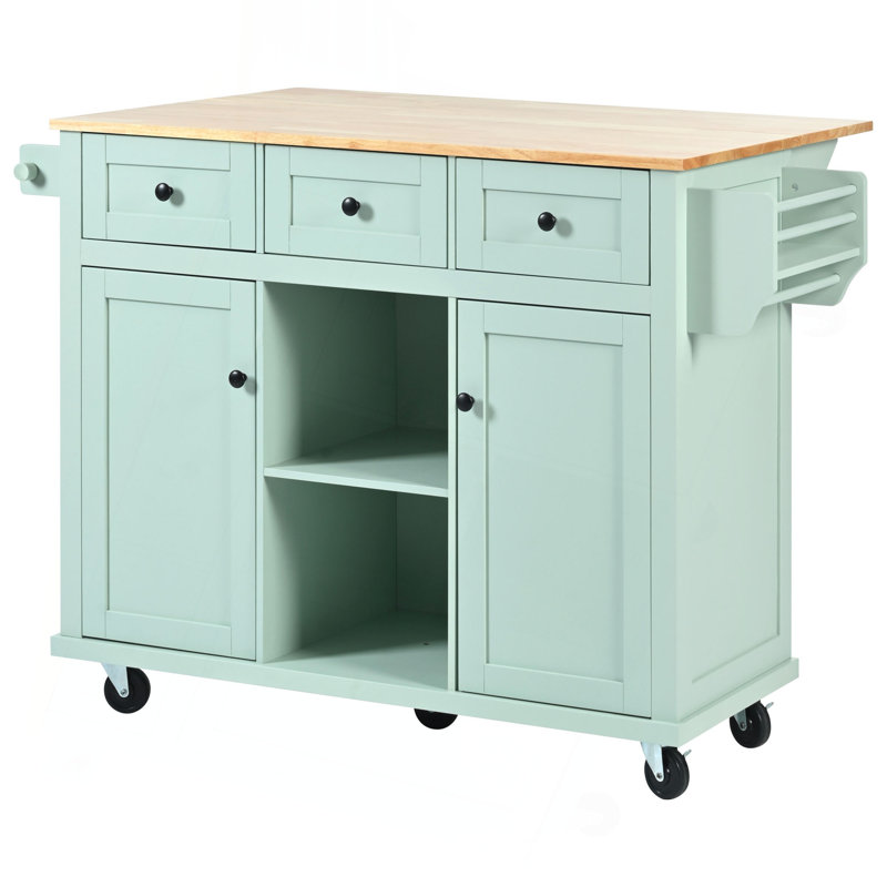Kitchen Cart With Rubber Wood Drop-Leaf Countertop ,Cabinet Door Internal Storage Racks,Kitchen Island On 5 Wheels With Storage Cabinet And 3 Drawers For Dinning Room