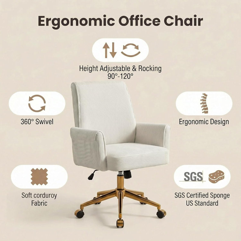 Modern Office Chair With Swivel Wheels, Vintage White