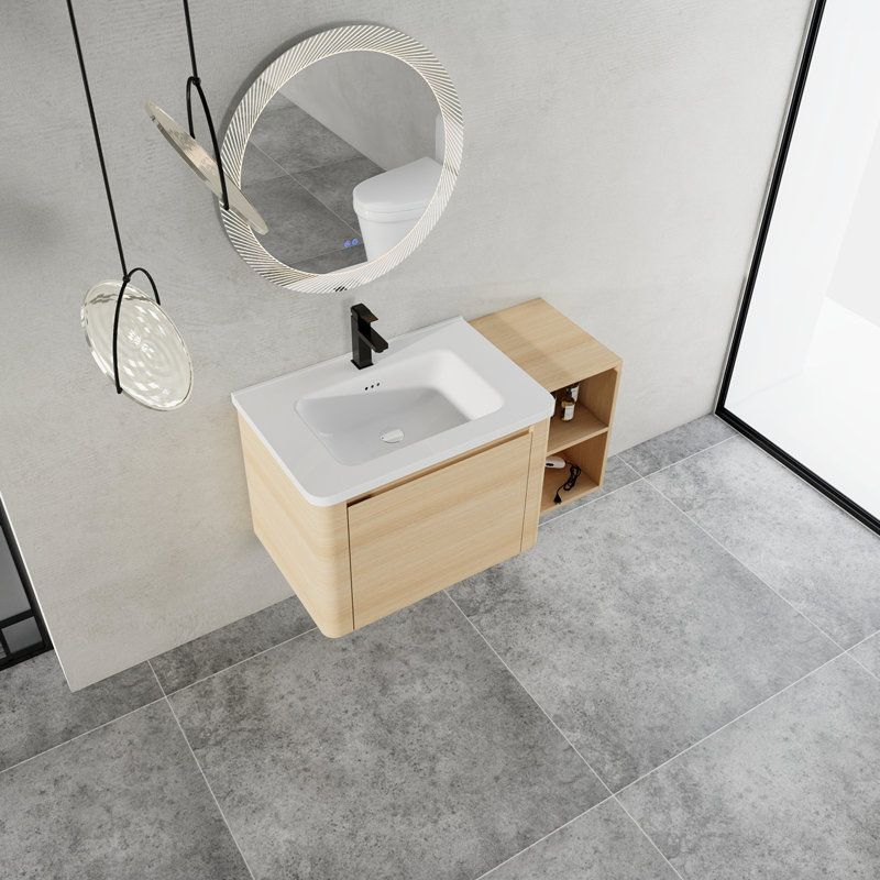 Meuble-lavabo mural 40 po avec lavabo en céramique blanche et tablettes de rangement et 1 porte à fermeture en douceur