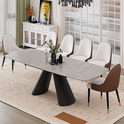 Modern Extendable Sintered Stone Dining Table, 63''-94.5'' Extended Oval Tabletop with Metal Double Pedestal Base