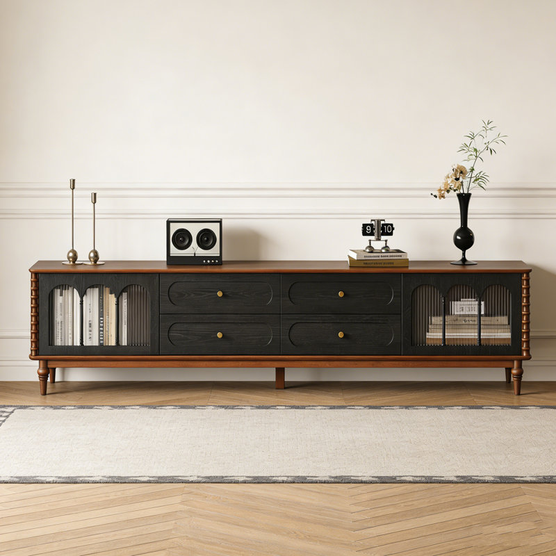 Meuble télé style français en chêne rouge, H 19,68 po x L 86,61 po x l 15,75 po, Brun / Noir