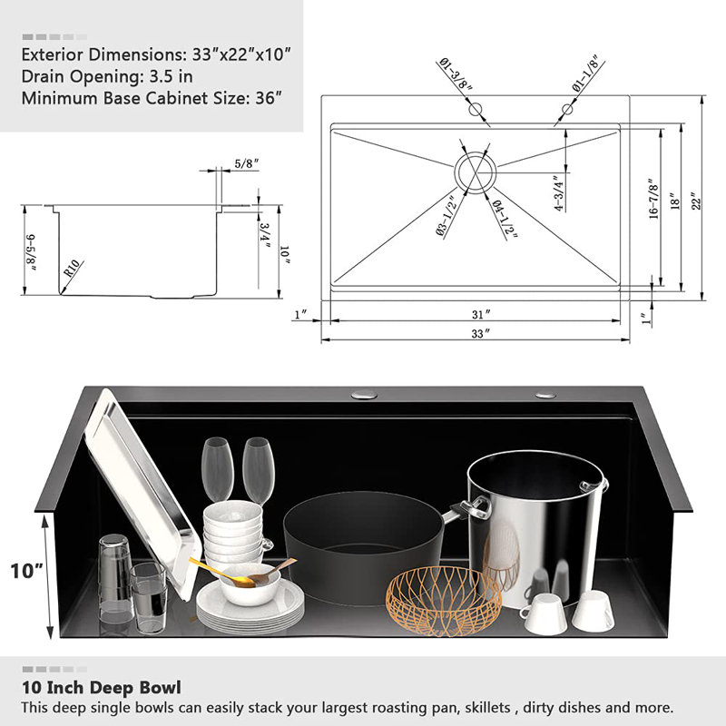 33'' L Single Bowl Stainless Steel Kitchen Sink, Gunmetal Black
