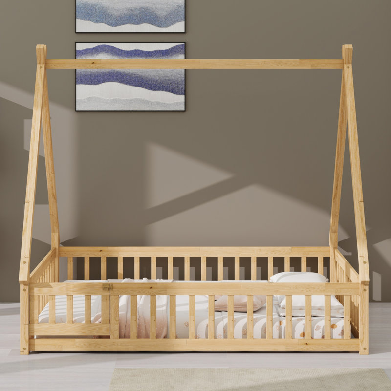 Tent-Shaped Floor Bed With Guardrails, Slats, And Door