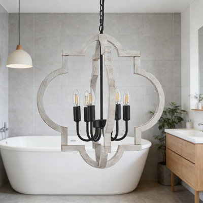 Lustre Farmhouse Orb avec 6 lumières, bois blanc vieilli à la main et finition noir mat, luminaire suspendu réglable pour salle à manger, cuisine, chambre à coucher ou entrée