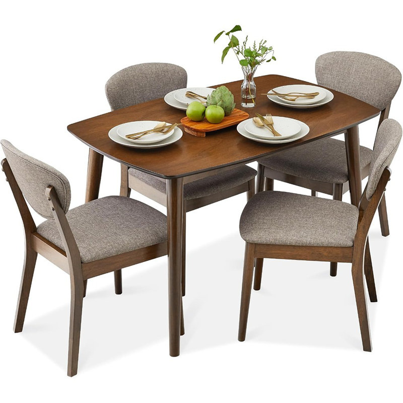 Ensemble de salle à manger 5 pièces, ensemble de table et de chaises moderne de style Mid-Century compact pour la maison, appartement avec 4 chaises, sièges et dossiers rembourrés, structure en bois - noyer / gris clair