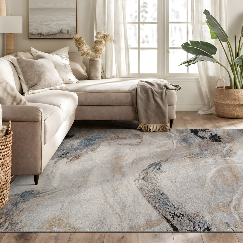 Tapis beige / ivoire Desert Drift - motif abstrait, facile à nettoyer, Rectangle 5' x 7'