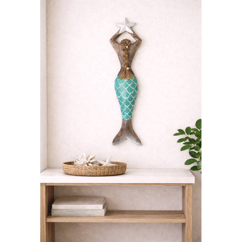 Wooden Mermaid Wall Sculpture with Star – Coastal Nautical Wall Décor, Handcrafted - X Large 40", Blue, 40" H x 6.5" W x 2" D