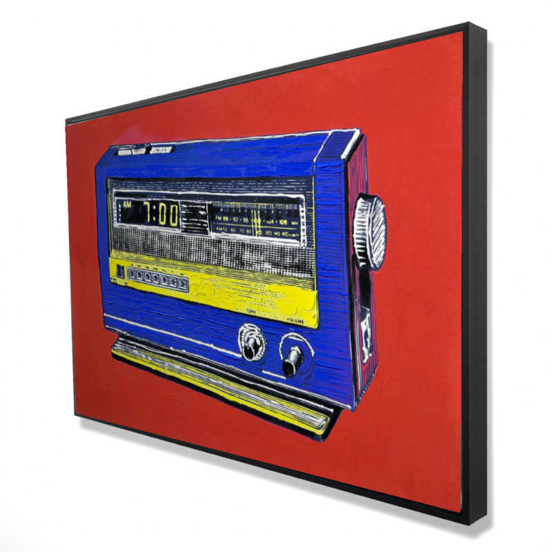 "Alarme radio rétro" sur toile, Rouge / Bleu / Jaune
