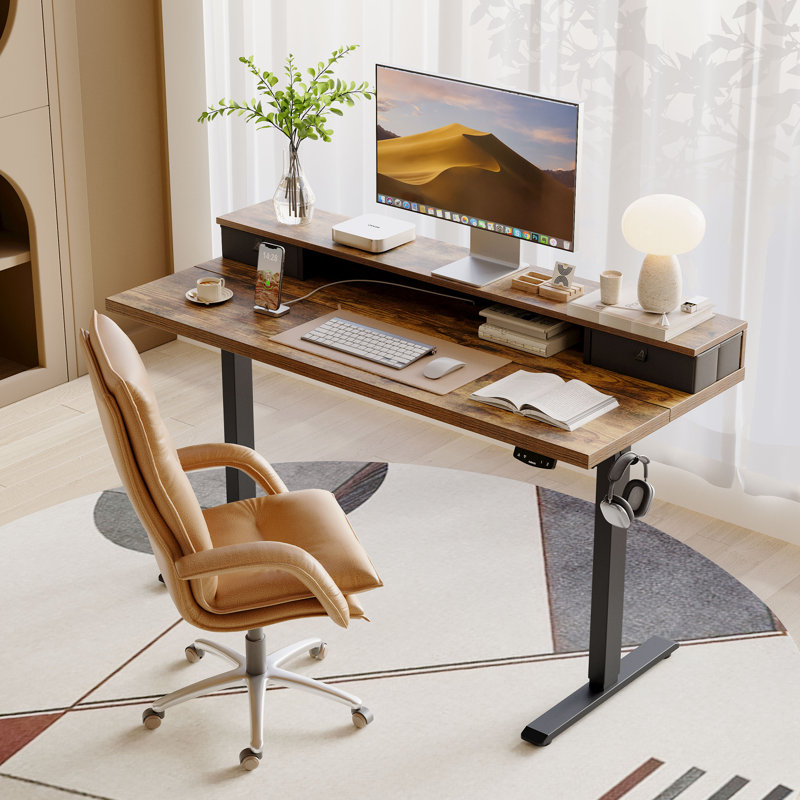 48" Electric Height Adjustable Standing Desk With Drawers,Home Office Desk with Large Monitor Shelf, Rustic Brown/Black