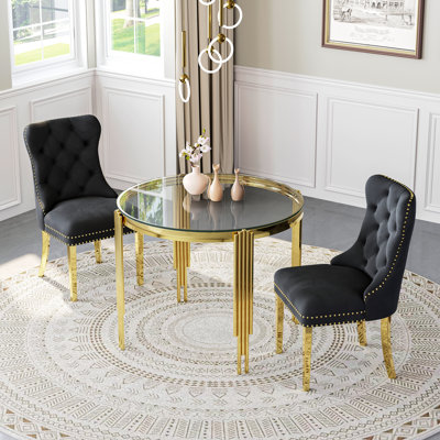 37"Modern Glass Dining Table Set, Irregular Stainless Steel Table Legs And Velvet Tufted Backrest Chairs