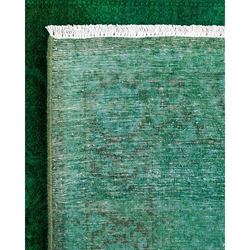 Hand-Knotted Green and Gray Wool Rectangular Area Rug