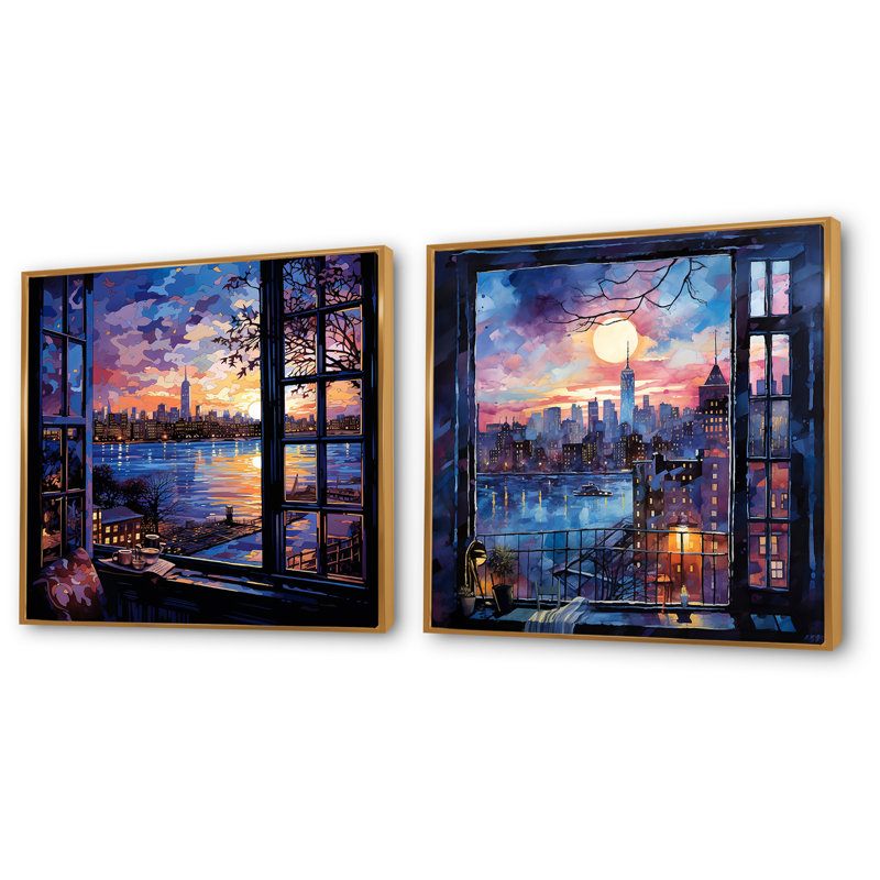 Blue Nyc At Night Window View I - New York City, ensemble de 2 impressions sur toile, Cadre flottant doré