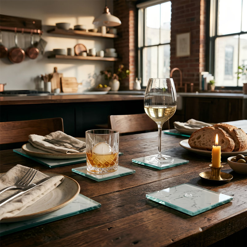 Harbour Housewares - 12pc Round Glass Placemats & Square Coasters Set - 30cm - White Marble Effect