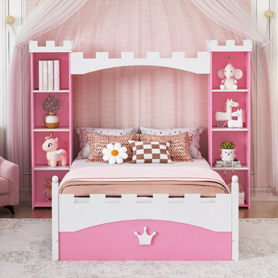 Castle-Shaped Wooden Bed with Storage Shelf, Dreamy Twin Size Platform Bed
