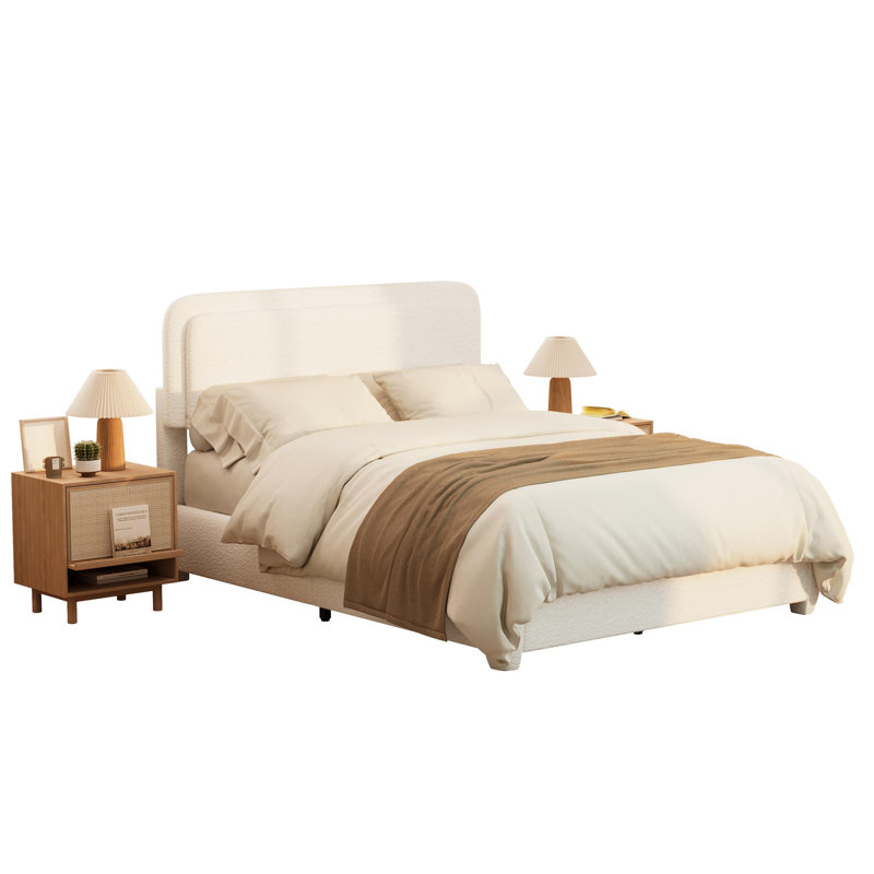 Structure de lit Boucle avec tête de lit à hauteur réglable, lit plateforme moderne avec tête de lit courbée, lit plateforme élégant en tissu à profil bas Boucle, aucun sommier requis, assemblage facile, blanc