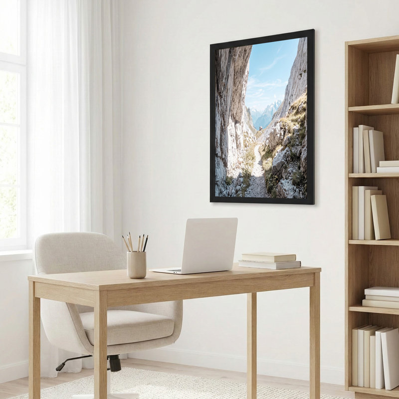 Art mural sur toile Sunlit Rocky Path Through Mountain Pass To Distant Cabin, H 20 po x l 30 po