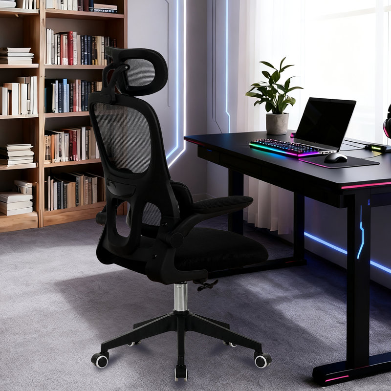 Chaise de bureau ergonomique avec fonction d'inclinaison, extensible et assise en maille confortable pour le bureau à domicile, pivotante et inclinable noire, revêtement respirant réglable.
