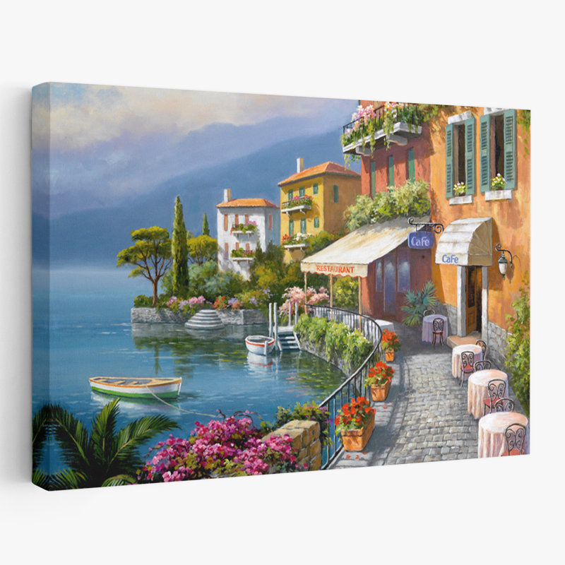 Seaside Bistro Cafe - Paysages, bateaux, café, art océan européen, H 32 po x l 48 po