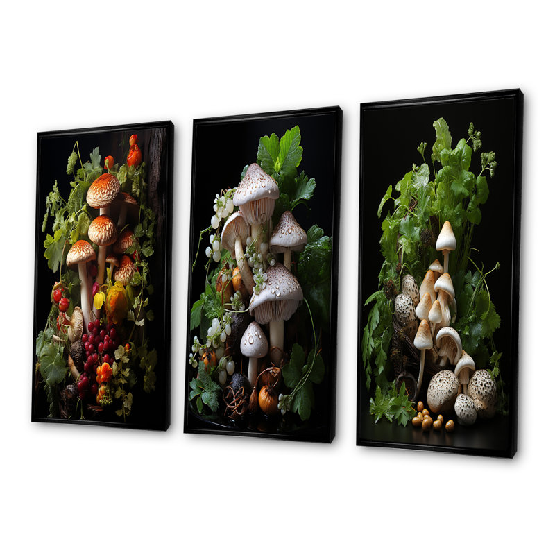 Panier de champignon, peinture I - champignon, art mural, ensemble de 3, Cadre flottant noir, H 28 po x l 36 po
