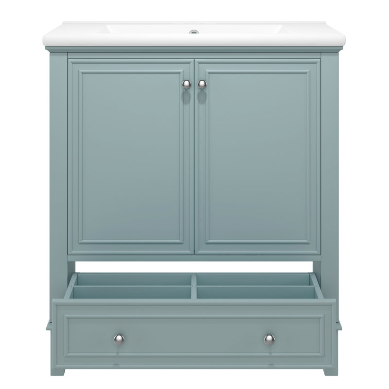 Meuble-lavabo moderne de 30 pouces avec lavabo encastré, bois d'hévéa massif et planche, tablette ajustable dans l'armoire avec rails coulissants, étagères de rangement fonctionnelles