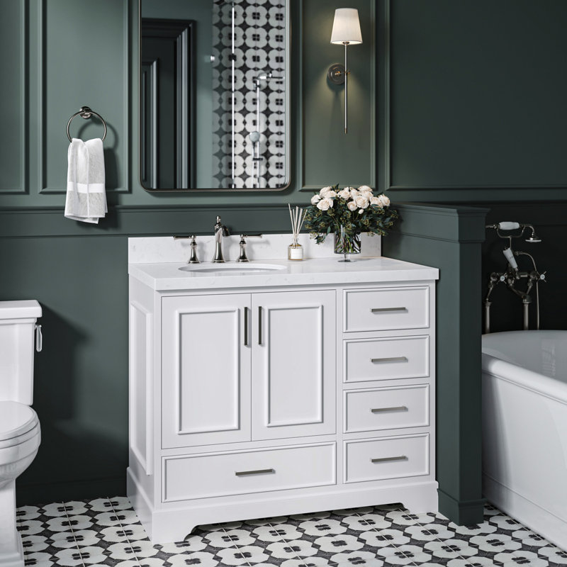 Ensemble de meuble-lavabo simple 42,25 po avec plateau en quartz Abshire, Blanc