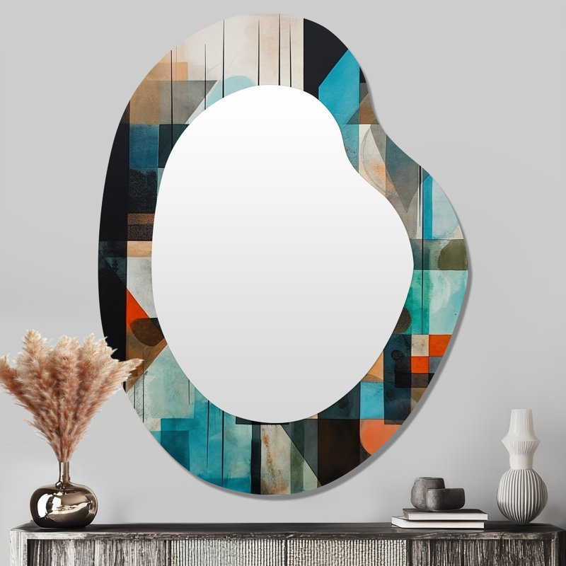 «Orange Abstracted Geometric Explorations I» - grand miroir mural de forme unique géométrique, miroir asymétrique moderne, art imprimé en métal