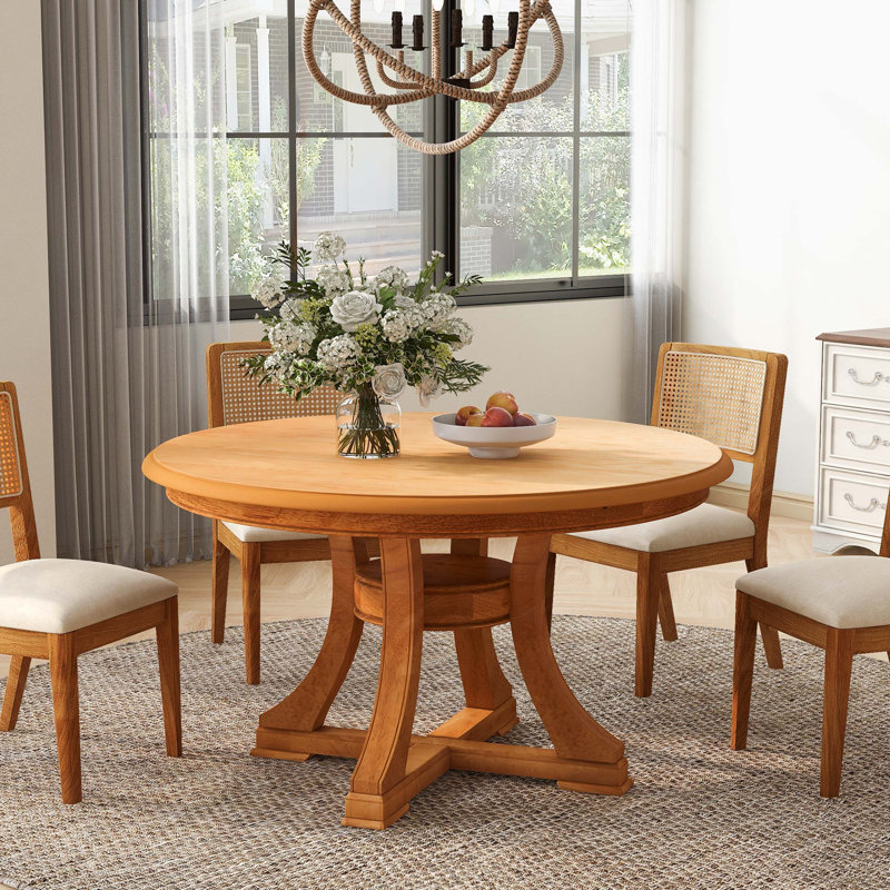 Extendable Round Wood Dining Set with Rattan Chairs for Versatile Kitchen Space Saving