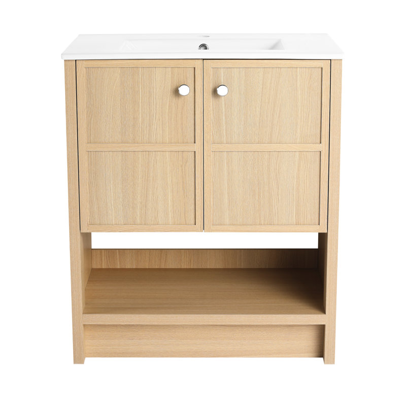 Meuble-lavabo en céramique 30 po, 2 portes à fermeture douce, armoire en contreplaqué - unité de qualité avec lavabo, espace en chêne à fermeture douce