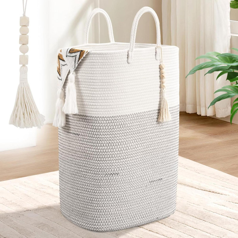 Woven Laundry Basket For Clothes Rectangle Laundry Hampers With Beads Tassel Nursery Storage Basket For Toys Tall Dirty Clothes Hamper For Bedroom Aesthetic Laundry Room Organization