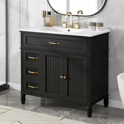 Meuble-lavabo 36 po avec lavabo, armoire de salle de bain avec tiroirs, structure solide et panneau de fibres à densité moyenne