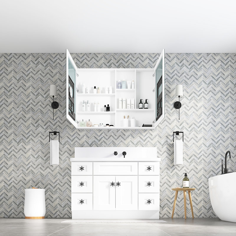 Armoire de salle de bain 48 po x 36 po - porte en bois blanc, tablettes à plusieurs hauteurs, rangement de style moderne 48 po x 36 po, bois d'ingénierie, fixation murale, encastré / surface, avec intérieur soigneusement agencé