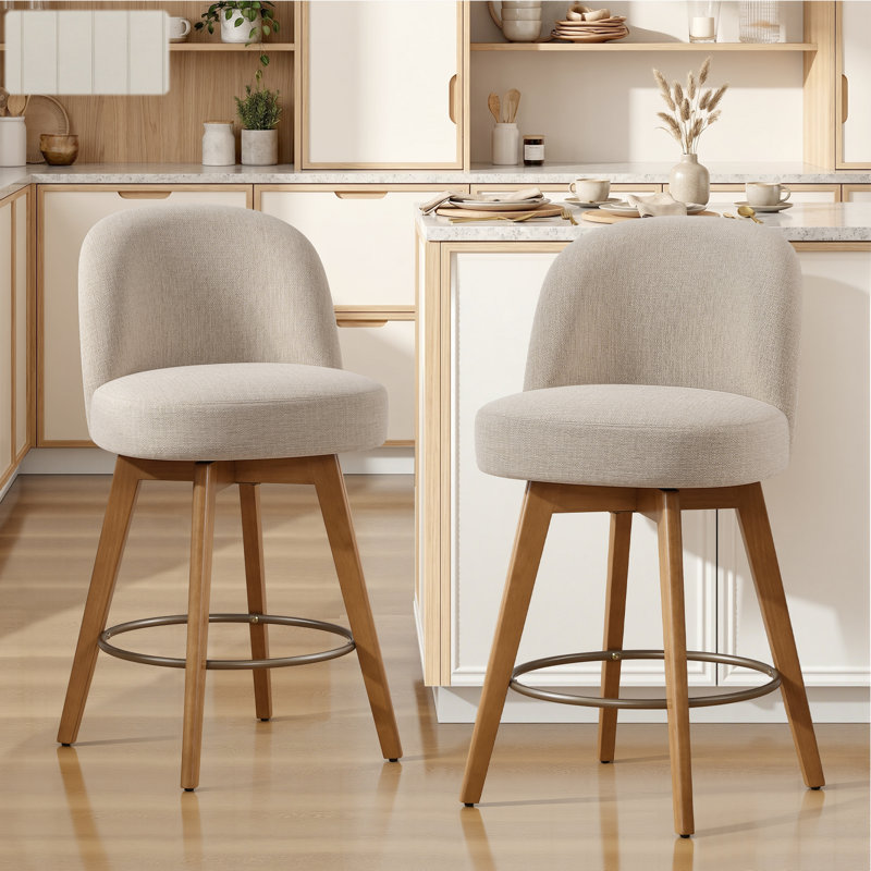 26" Swivel Upholstered Counter Stool With Solid Wood Frame And Mid Back, Sand/Linen Blend