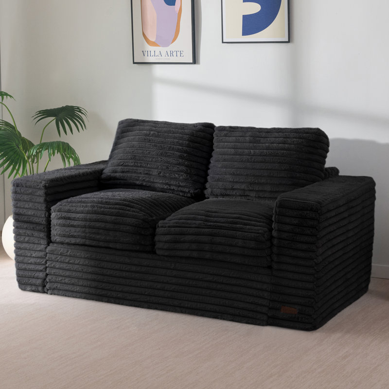 62" Compression Bean Bag Sofa Faux Fur Upholstered Loveseat Floor Sofa With Pillows, Loveseat, Black