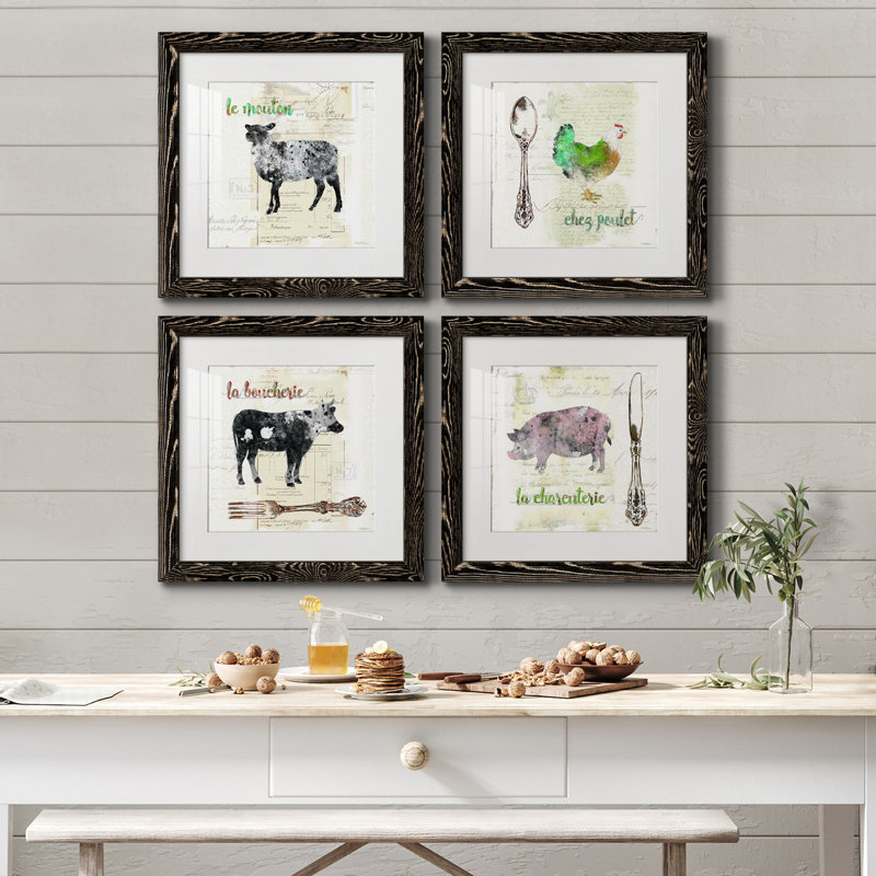 Golden Cuisine Sheep - Ensemble de 4 impressions sur toile encadrées, H 27,5 po x l 110 po x P 1,5 po, Cadre noir