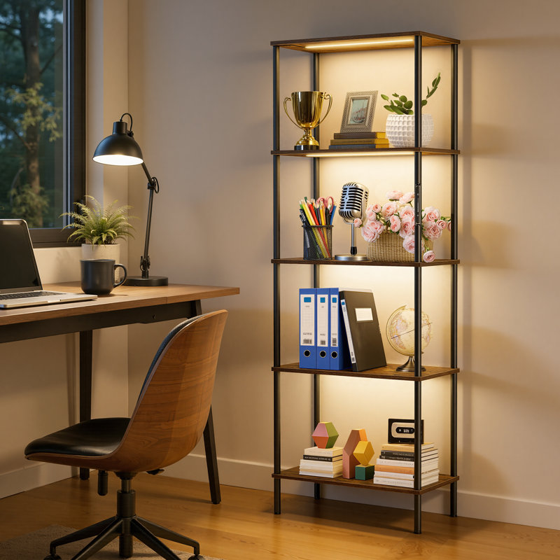 5-Tier Ironck Bookshelf with LED Lights, Touch & Remote Control, 3 Color Temperature, Black/Brown