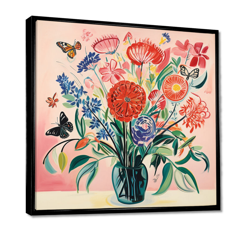 Fleurs sauvages dans un vase Illustration rétro - Bouquets assortis, art mural, salon, Toile avec cadre flottant noir