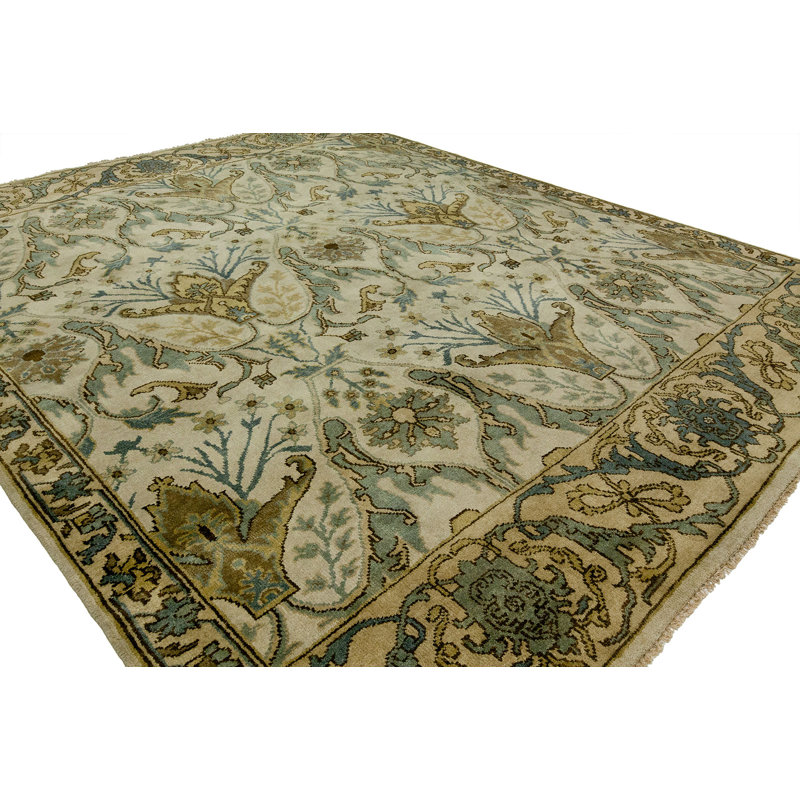 Tapis oriental ivoire / bleu clair en laine noué à la main McDaniel, Rectangle de 10 pi x 14 pi